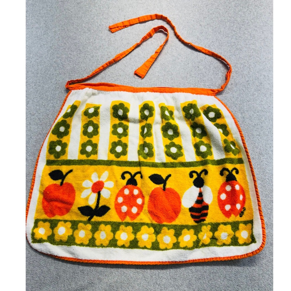 Handmade Half Apron Womens OS Orange Retro 70s Terry Cloth Ladybug Bee Garden